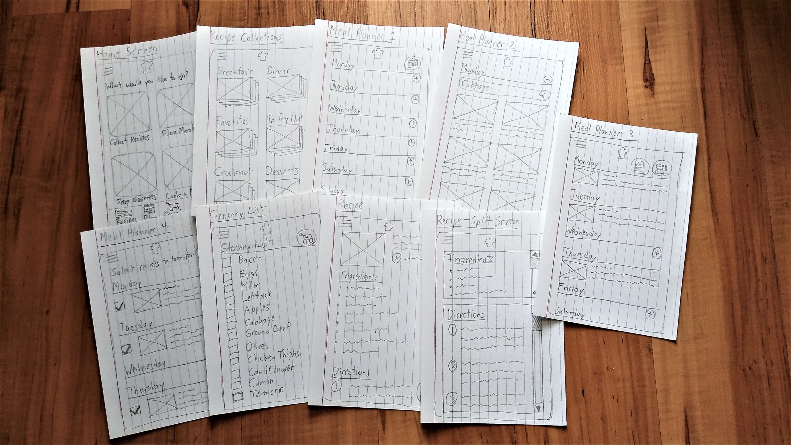 9 notecards with drawings of app screens on them