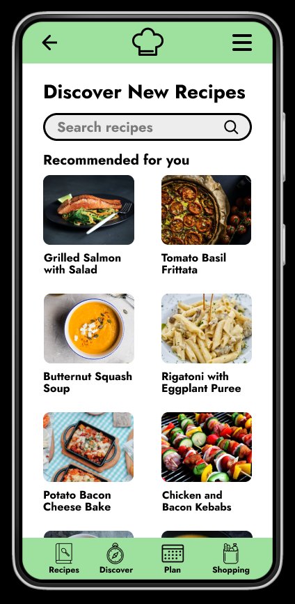 An app screenshot for discovering new recipes