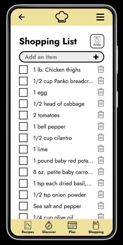 An app screenshot showing a grocery shopping list
