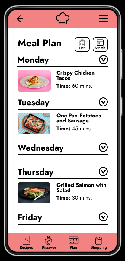 An app screenshot showing a meal plan for the week